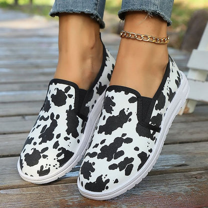 Cow Print Round Toe Slip On Lightweight Casual Loafers