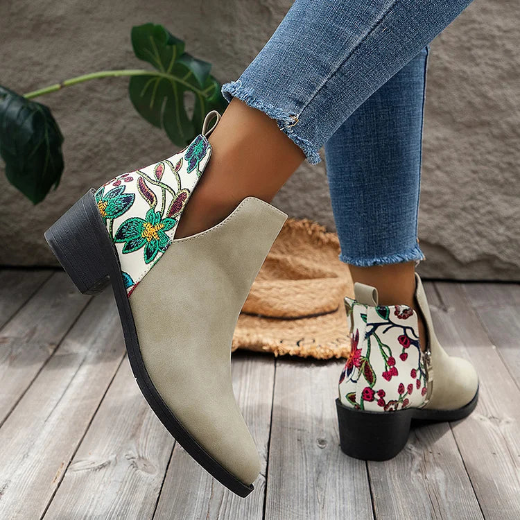 Floral Print Patchwork Zipper Pointed Toe Ankle Boots