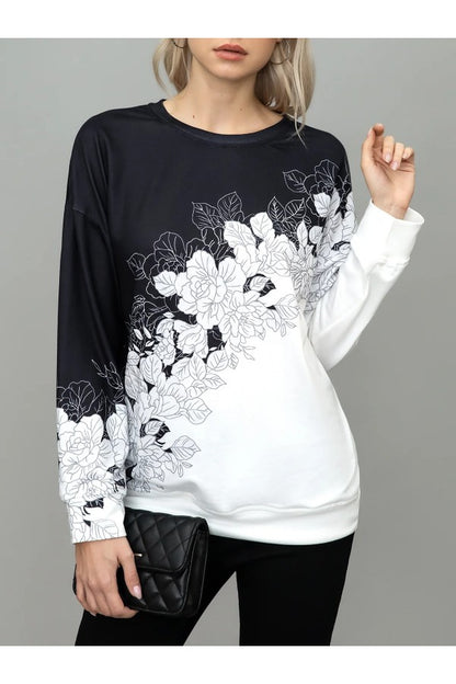 Elegant Floral Print Round Neck Cotton-blend Vacation Sweatshirt