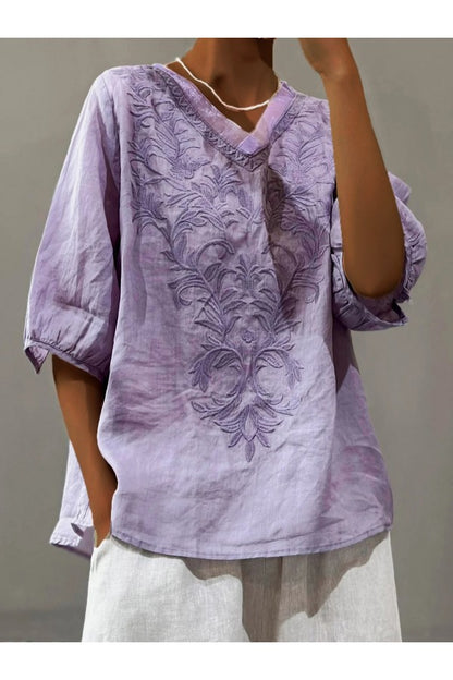 Floral Embroidery V-neck Loose Casual Shirt