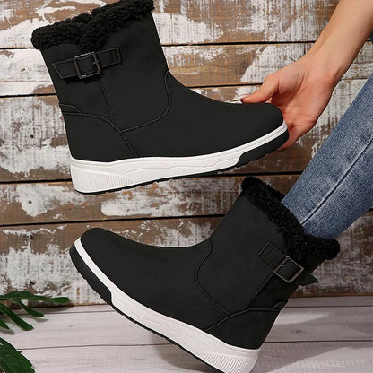 Patchwork Round Toe Strap Buckle Decor Fleece Lined Snow Boots