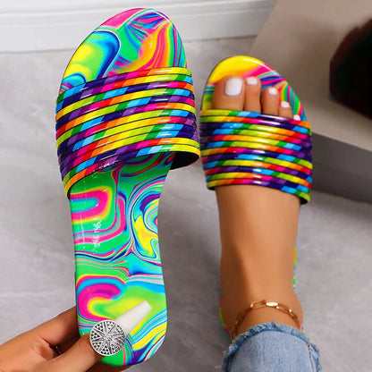 Colorful Water Ripple Print Striped Pattern Round Toe Slippers