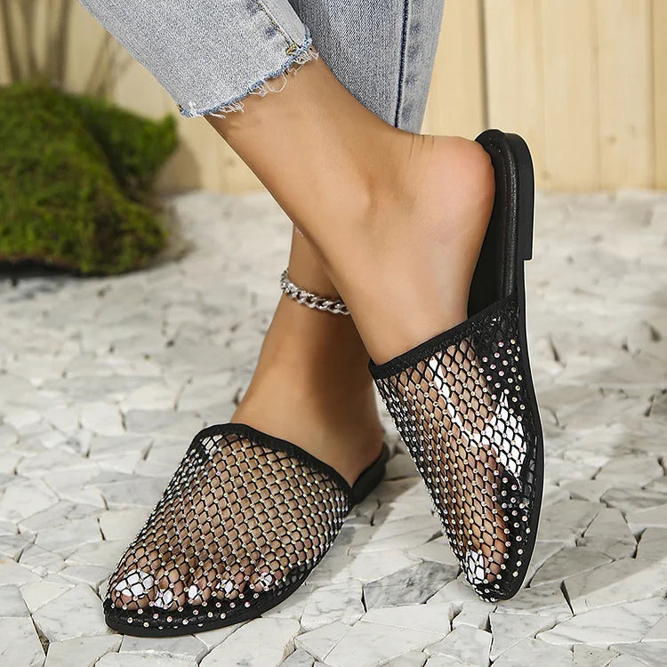 Rhinestone Decor Hollow Out Closed Toe Solid Color Slippers