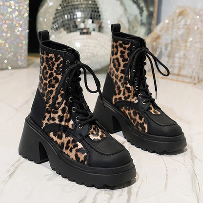 Patchwork Round Toe Leopard Print Chunky Heel Lace Up Mid Boots