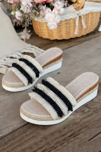 Tassels Trim Striped Espadrille Platform Wedge Outdoor Slippers