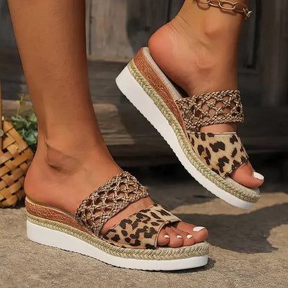 Crochet Hollow Floral Butterfly Leopard Print Espadrille Wedge Slippers