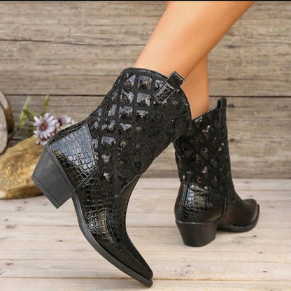 Crocodile Pattern Patchwork Pointed Toe Chunky Heel Mid Boots