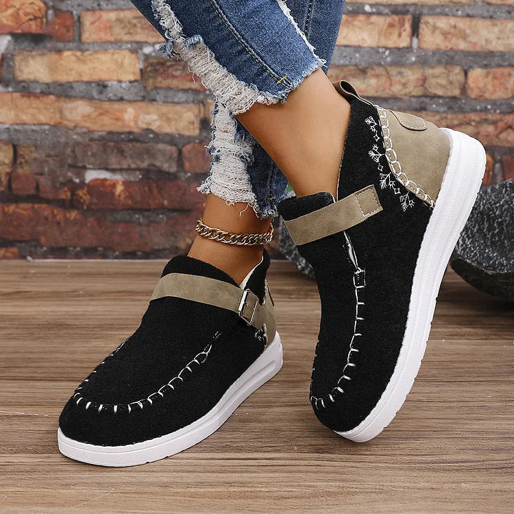 Colorblock Stitch Detail Patchwork Strap Buckle Round Toe Snow Boots