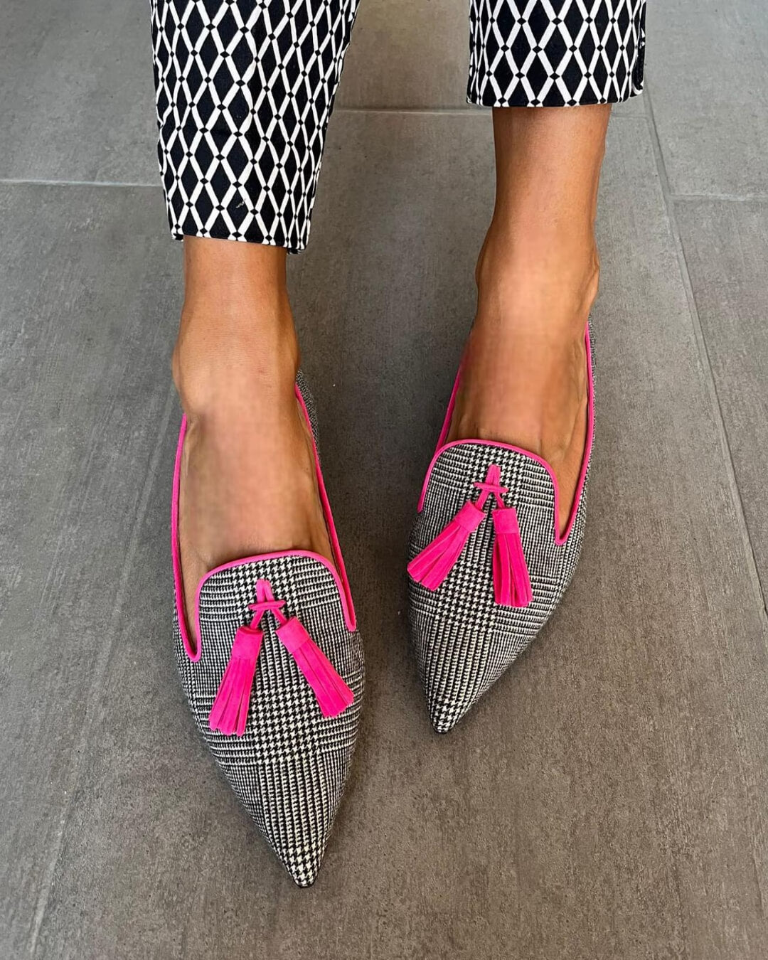 Faux Leather Colorblock Print Tassels Pointy Flats