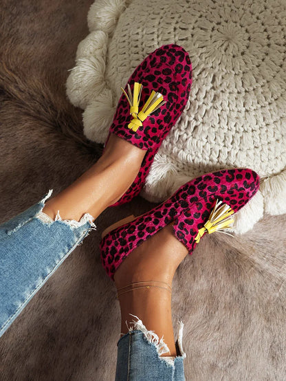 Leopard Print Colorblock Fringed Trim Casual Flat Loafers