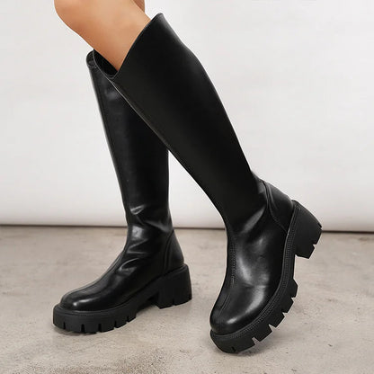 Solid Color Patchwork Zipper Round Toe Chunky Heel Knee High Boots