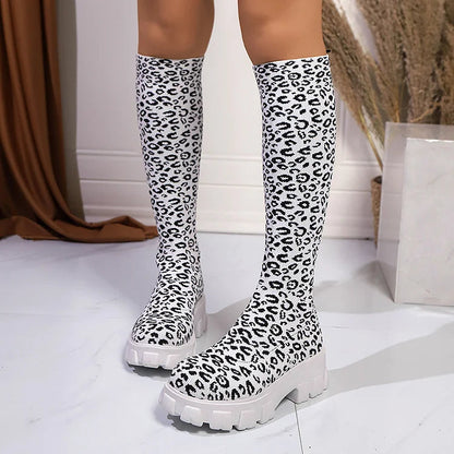 Leopard Pattern Round Toe Chunky Heel Knee High Boots