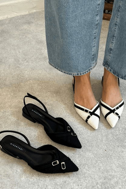 Strap Buckle Pointed Toe Black Slingback Flats