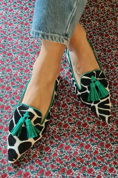 Faux Leather Colorblock Cow Print Tassels Pointy Flats