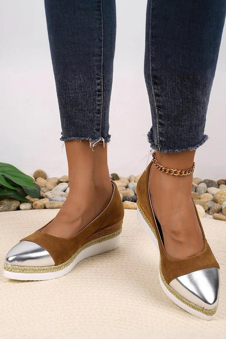 Metallic Sheen Patchwork Pointed Toe Slip On Wedge Heels