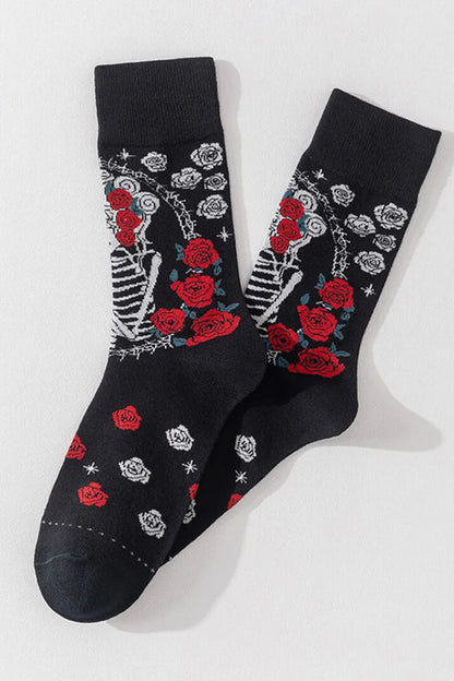 Halloween Skeleton Lady Colorblock Roses Pattern Mid Calf Socks