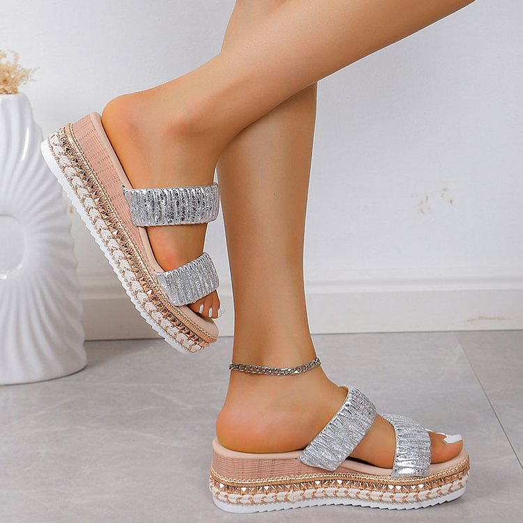 Textured Pleated Design Round Toe Plain Instep Straps Platform Slippers