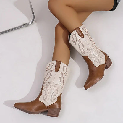 Colorblock Embroidery Pointed Toe Chunky Heel Mid Calf Boots