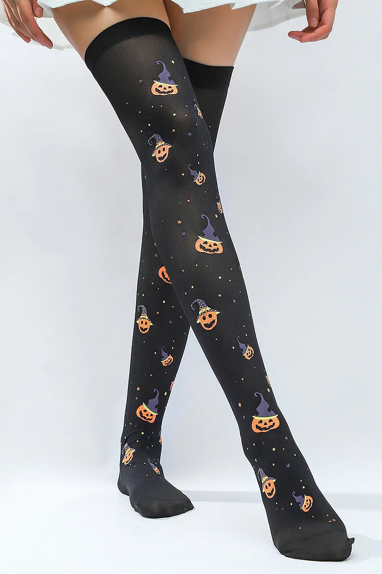 Halloween Colorblock Striped Ghost Pumpkin Print Over The Knee Socks