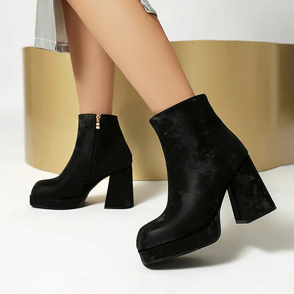 Solid Color Zipper Square Toe Chunky Heel Ankle Boots