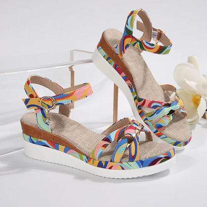 Colourful Swirl Print Alloy Buckle Ankle Strap Platform Wedge Sandals