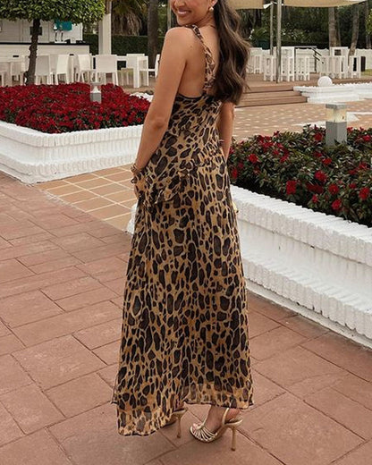 Elegant Leopard Print Split Chiffon Dress