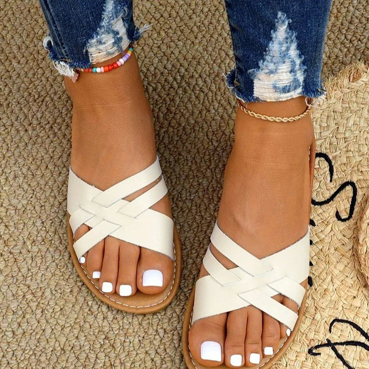 Seam Detail Cross Straps Round Toe Casual Plain Slippers