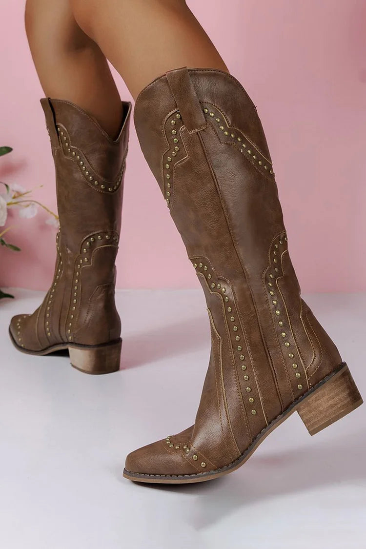 Metallic Studded Patchwork Pointed Toe Chunky Heel Knee High Boots