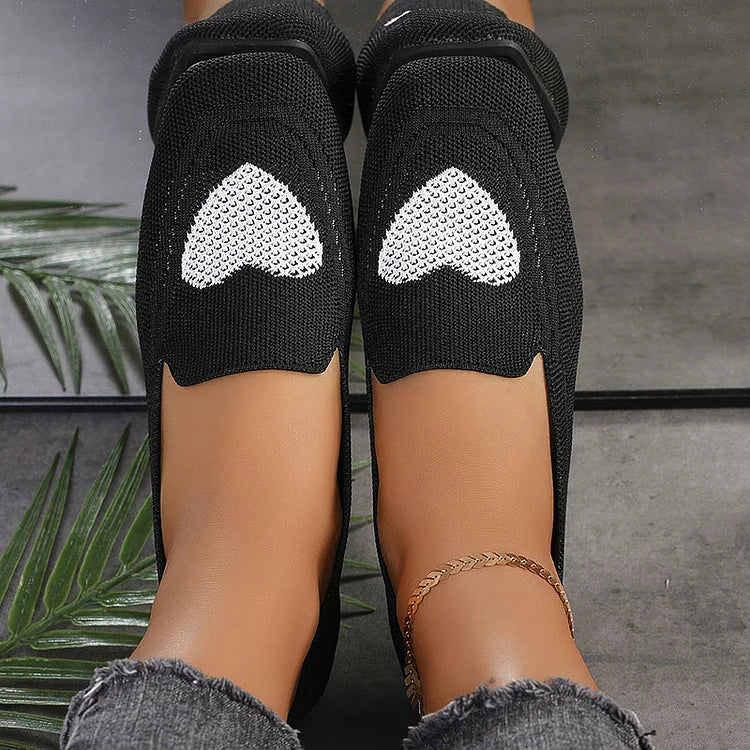 Heart Pattern Print Square Toe Slip On Knit Casual Flats