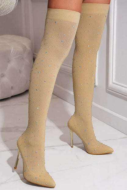 Rhinestone Decor Pointed Toe Stiletto Heel Over The Knee Sock Boots