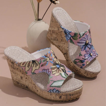 Floral Print Peep Toe Cut Out Wood Grain Wedge Slippers