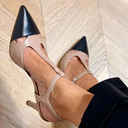 Colorblocking T-Strap Cut Out Pointed Toe Beige Stiletto Heels