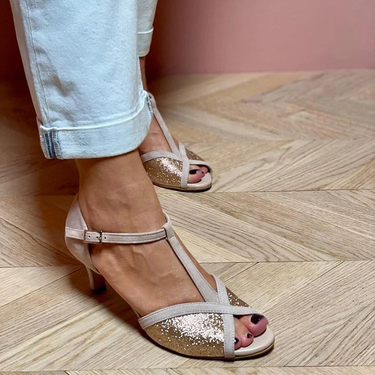 Patchwork T-Strap Buckle Glitter Peep Toe Taupe Kitten Heels