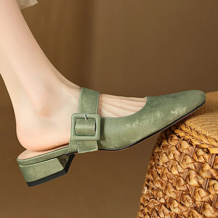 Instep Strap Buckle Square Toe Plain Slides Low Heels Mules