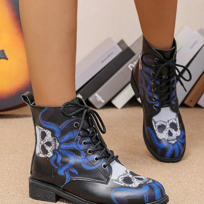 Halloween Skull Octopus Print Lace Up Round Toe Ankle Boots