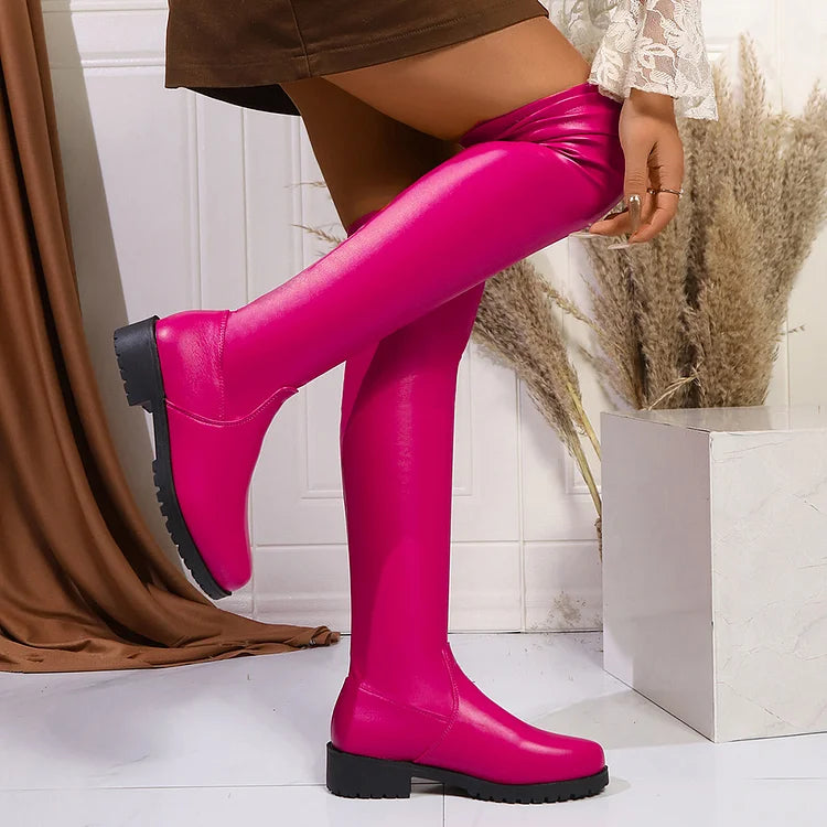 Solid Color Round Toe Patchwork Low Block Heel Over The Knee Boots