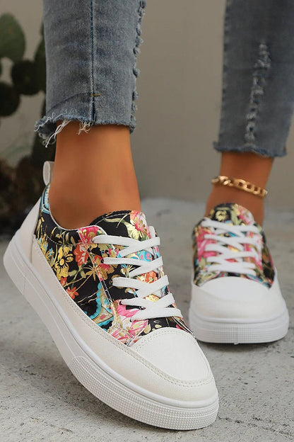 Multicolor Floral Print Patchwork Round Toe Lace Up Sneakers