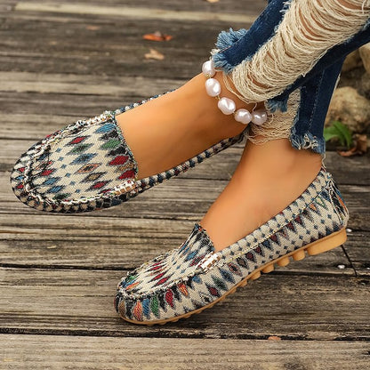 Multicolor Geometric Pattern Stitch Detail Round Toe Flats