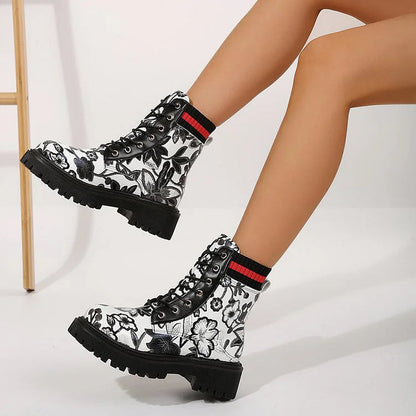 Floral Print Patchwork Lace Up Round Toe Chunky Heel Ankle Boots