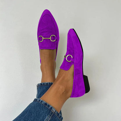 Metallic Buckle Pointy Toe Faux Suede Slip-On Flats