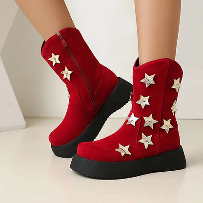 Star Shaped Patchwork Zipper Round Toe Low Platform Ankle Boots