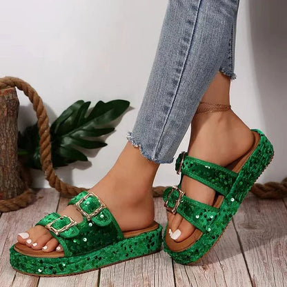 Sequin Double Straps Buckles Platform Soft-Soled Slippers