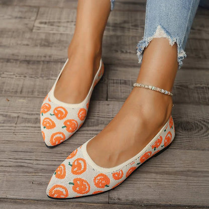 Halloween Horror Pumpkin Pattern Print Pointy Toe Knit Flats