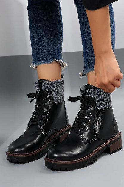 Patchwork Zipper Round Toe Chunky Heel Lace Up Ankle Boots