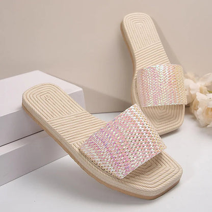 Crochet Hollow Out Instep Belt Square Toe Textured Slippers