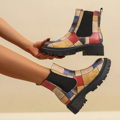 Round Toe Multicolor Print Patchwork Chunky Heel Ankle Boots