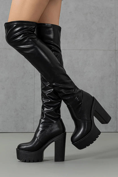 Round Toe Chunky Heel Solid Color Pull On Over The Knee Boots