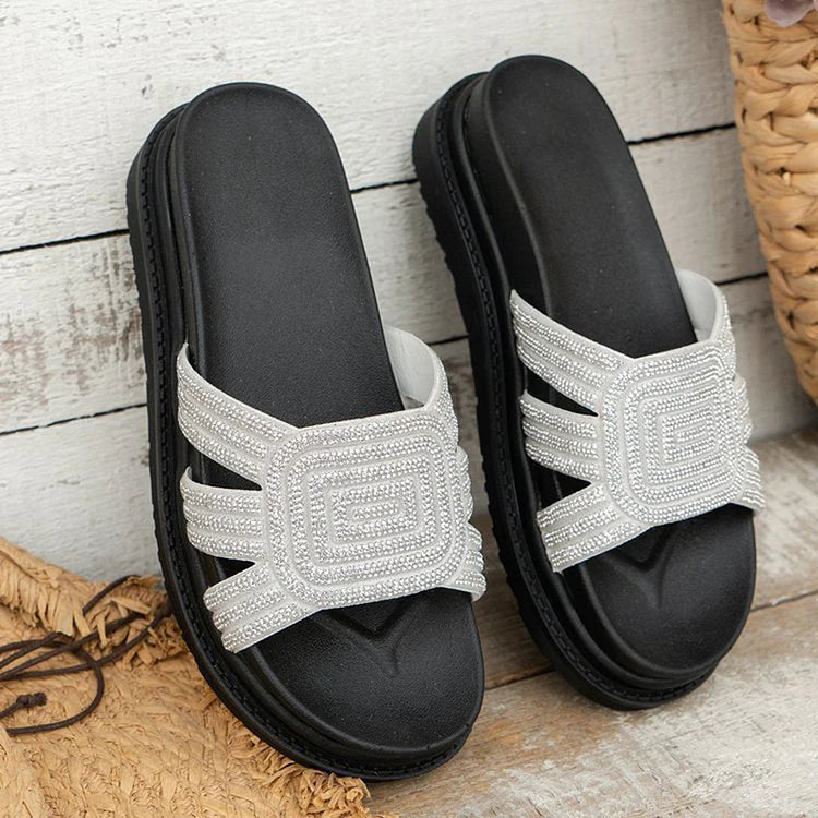 Rhinestone Decor Hollowed Out Soft-Soled Platform Slippers