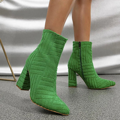 Towelling Finish Pointy Toe Mid Calf Chunky Heels Boots