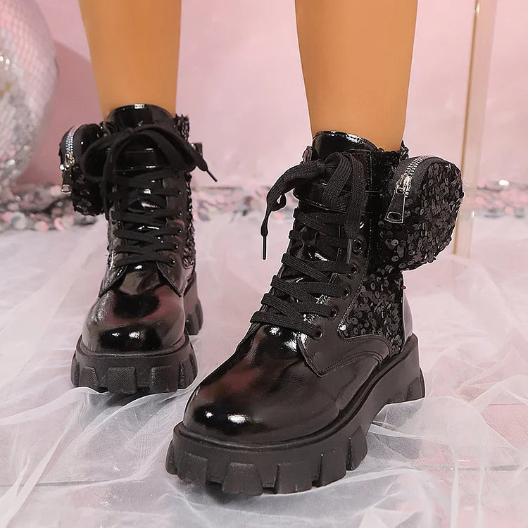 Sequins Patchwork Pocket Decor Round Toe Lace Up Ankle Boots